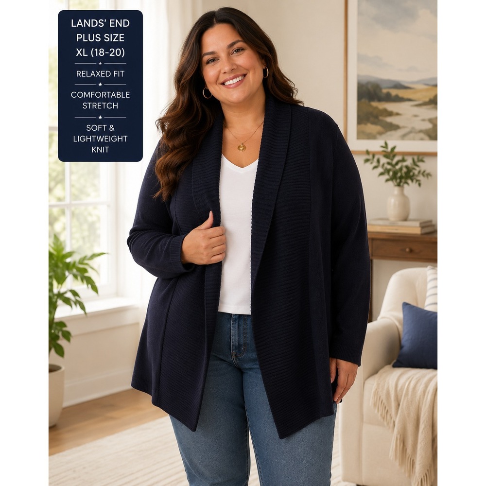 Lands End Womens Cardigan Sweater Cowl Neck Open Front size XL 18-20 Navy Blue